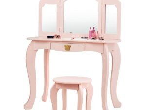 Kids Dressing Table Stool Set with Tri-Fold Mirror Removable Top Pink