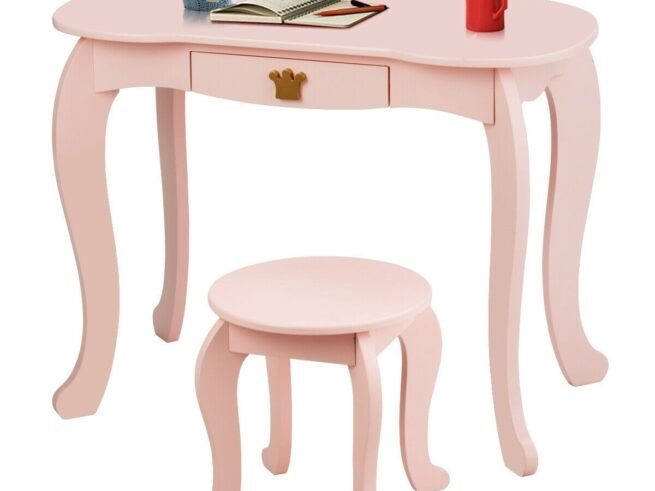 Kids Dressing Table Stool Set with Tri-Fold Mirror Removable Top Pink
