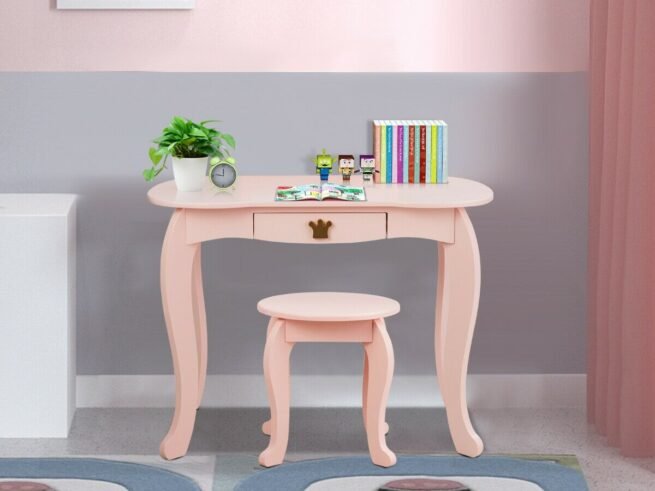 Kids Dressing Table Stool Set with Tri-Fold Mirror Removable Top Pink