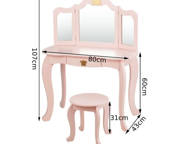 Kids Dressing Table Stool Set with Tri-Fold Mirror Removable Top Pink