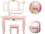 Kids Dressing Table Stool Set with Tri-Fold Mirror Removable Top Pink