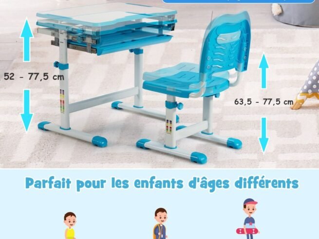 Children's Table and Chair Set Desk Height Adjustable Tiltable 0-45° 1 Drawer Top