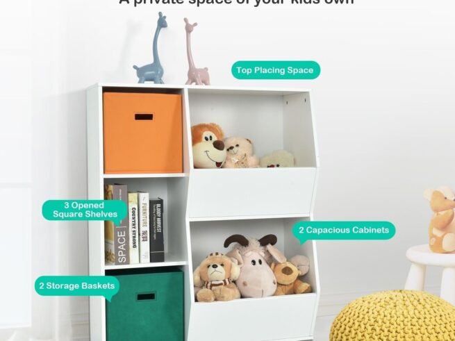 Modern Kids Toy Storage Cabinet with 2 Baskets Bookcase