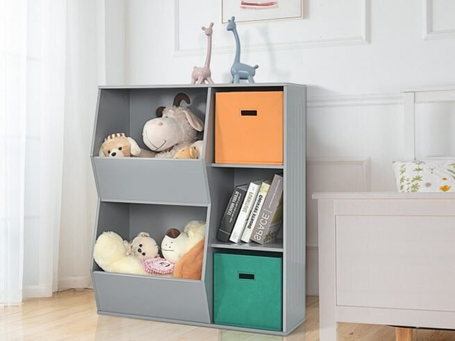 Modern Kids Toy Storage Cabinet with 2 Baskets Bookcase Gray Color