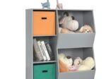 Modern Kids Toy Storage Cabinet with 2 Baskets Bookcase Gray Color