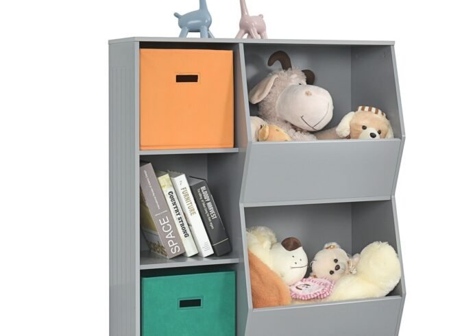 Modern Kids Toy Storage Cabinet with 2 Baskets Bookcase Gray Color