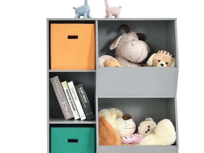 Modern Kids Toy Storage Cabinet with 2 Baskets Bookcase Gray Color