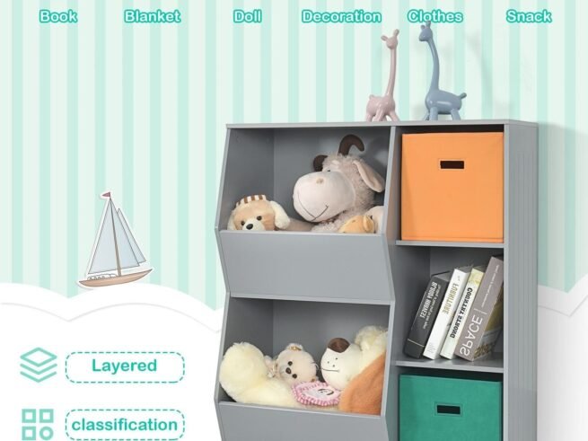 Modern Kids Toy Storage Cabinet with 2 Baskets Bookcase Gray Color