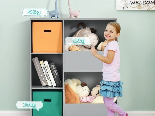 Modern Kids Toy Storage Cabinet with 2 Baskets Bookcase Gray Color