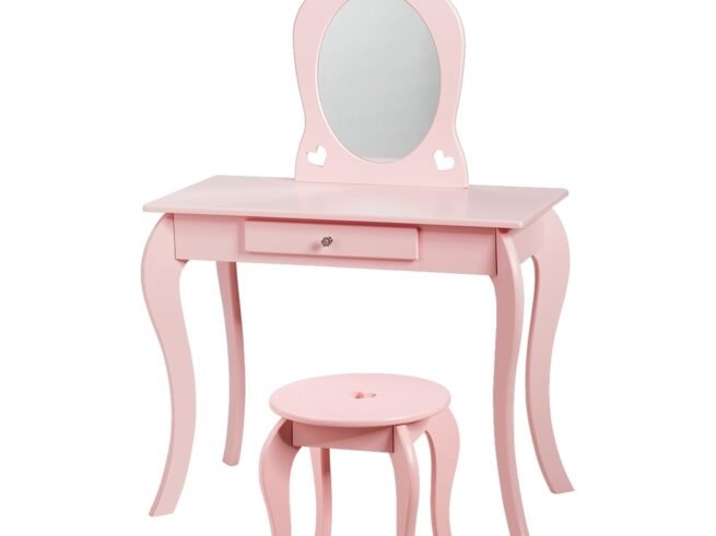Children's Dressing Table with Mirror Kids Vanity Tables and Stool Pink