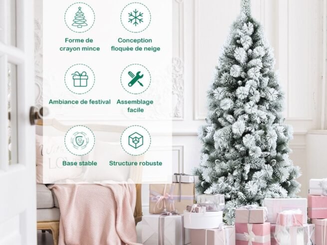 Long Hinged Snowy Christmas Tree 180cm 515 Leaves, 220 Pine Needles