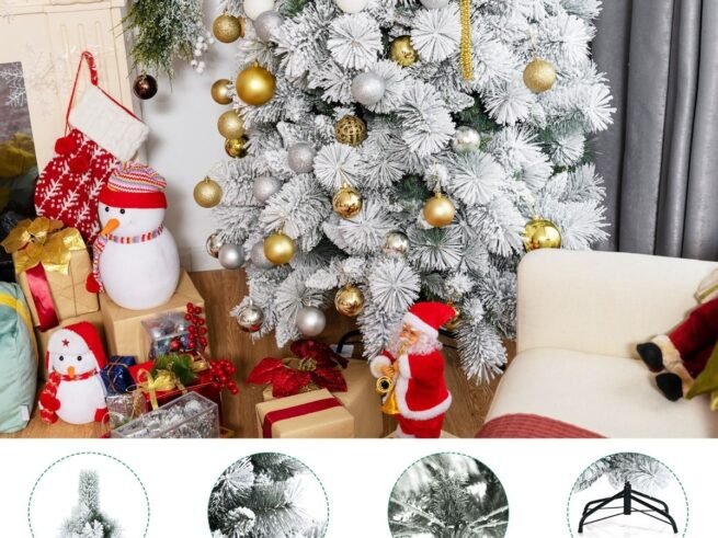 Long Hinged Snowy Christmas Tree 180cm 515 Leaves, 220 Pine Needles