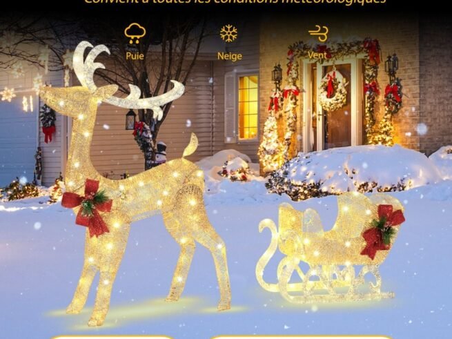 Luminous Christmas Reindeer with Sleigh 100 LED Warm White Lights