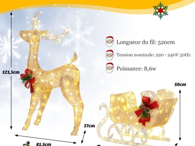 Luminous Christmas Reindeer with Sleigh 100 LED Warm White Lights