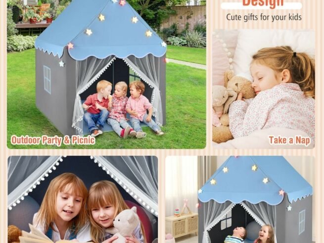 Children's Playhouse Play Tent Washable Mat and Star Lights 105 x 121 x 136 cm