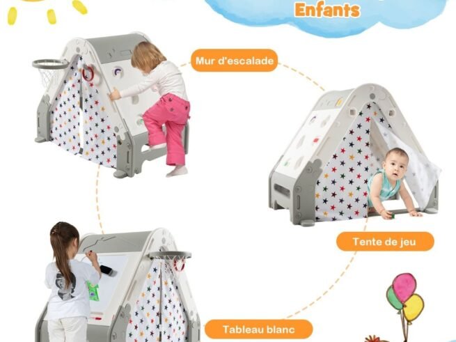 Playhouse Garden Hut for Children 6 in 1 Climbing Wall Drawing Board Basketball