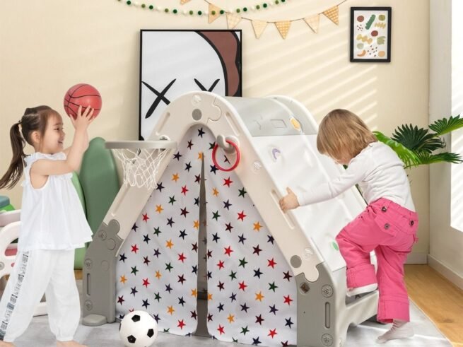 Playhouse Garden Hut for Children 6 in 1 Climbing Wall Drawing Board Basketball