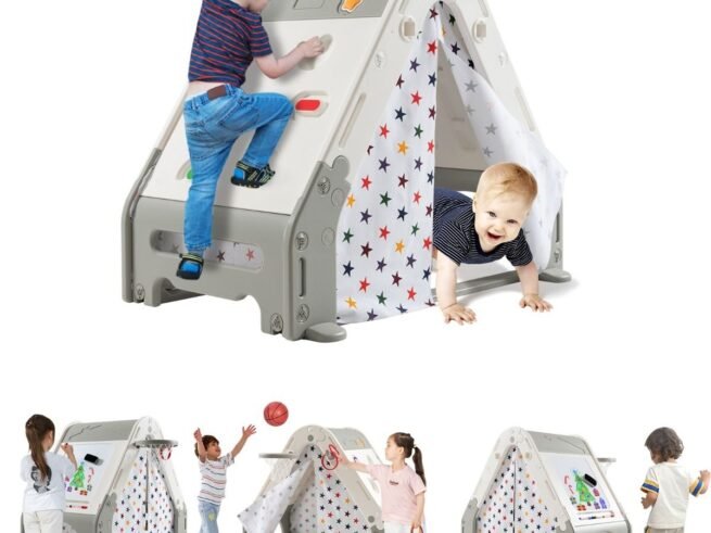 Playhouse Garden Hut for Children 6 in 1 Climbing Wall Drawing Board Basketball