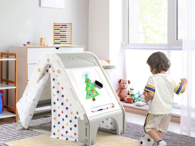 Playhouse Garden Hut for Children 6 in 1 Climbing Wall Drawing Board Basketball