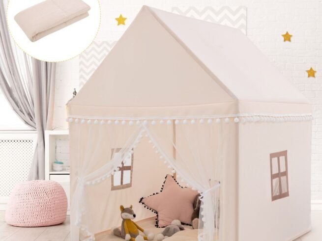 Children's Playhouse Play Tent Castle Wooden Frame Cotton Cover Coffee