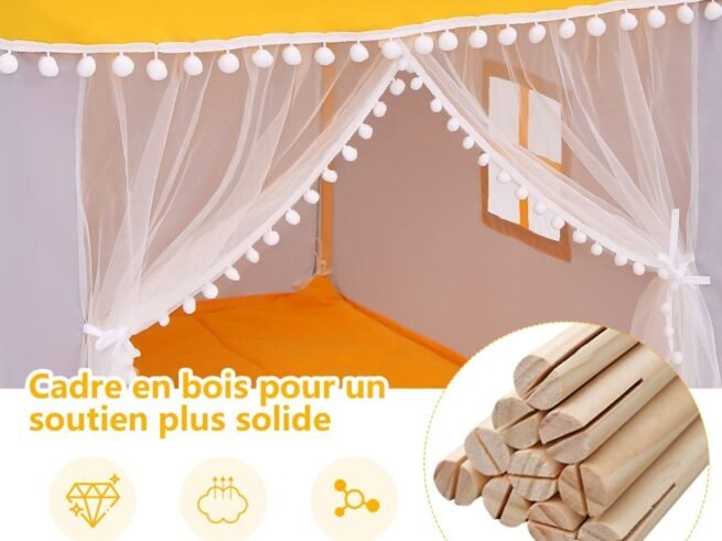 Children's Playhouse Play Tent Castle Wooden Frame Yellow Cotton Cover
