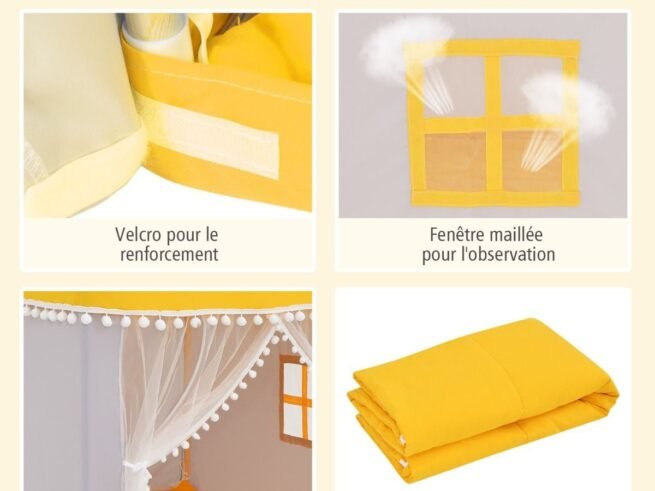 Children's Playhouse Play Tent Castle Wooden Frame Yellow Cotton Cover