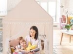 Children's Playhouse Play Tent Castle Wooden Frame Cotton Cover Coffee