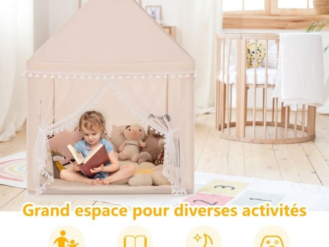 Children's Playhouse Play Tent Castle Wooden Frame Cotton Cover Coffee