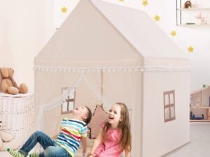 Children's Playhouse Play Tent Castle Wooden Frame Cotton Cover Coffee