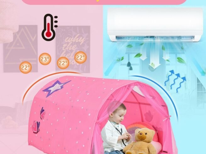Kid's Bed Portable Pop Up Playhouse with Mosquito Net 144 x 102 x 82 CM Pink