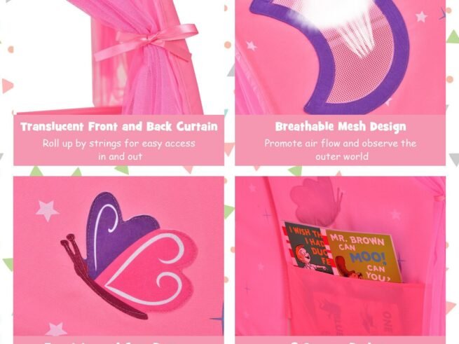 Kid's Bed Portable Pop Up Playhouse with Mosquito Net 144 x 102 x 82 CM Pink