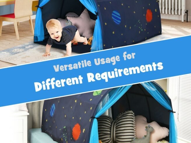 Kid's Bed Portable Pop Up Playhouse with Mosquito Net 144 x 102 x 82 CM Blue