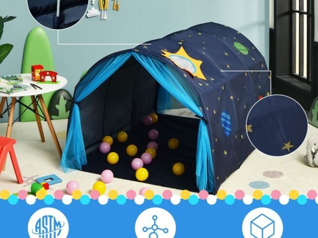 Kid's Bed Portable Pop Up Playhouse with Mosquito Net 144 x 102 x 82 CM Blue