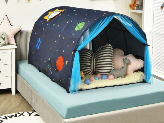 Kid's Bed Portable Pop Up Playhouse with Mosquito Net 144 x 102 x 82 CM Blue