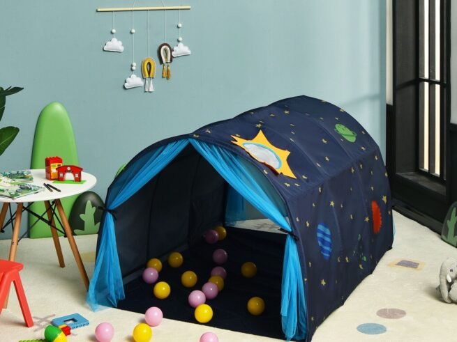 Kid's Bed Portable Pop Up Playhouse with Mosquito Net 144 x 102 x 82 CM Blue