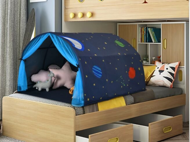 Kid's Bed Portable Pop Up Playhouse with Mosquito Net 144 x 102 x 82 CM Blue