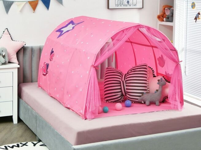Kid's Bed Portable Pop Up Playhouse with Mosquito Net 144 x 102 x 82 CM Pink