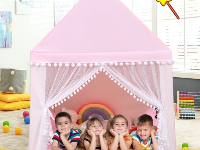 Children's Playhouse Play Tent Castle Wooden Frame Cotton Cover Pink