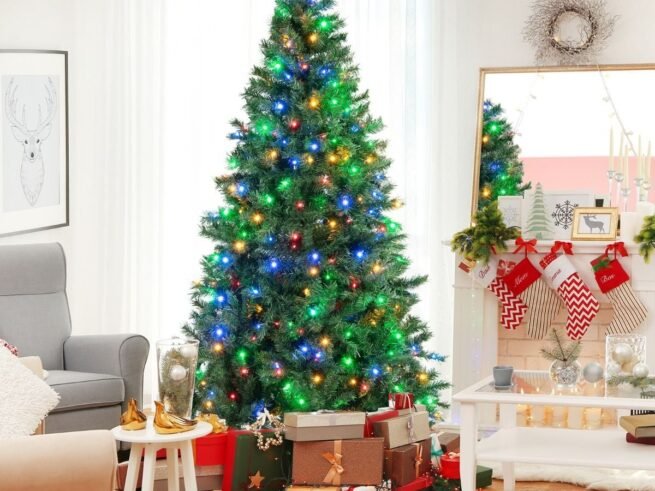 Pre-Lit Christmas Tree 215cm Multi-Color Led Lights Metal Stand