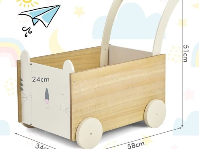 2 in 1 Baby Push Walker Wooden Trolley Walking Cart with Toy Storage