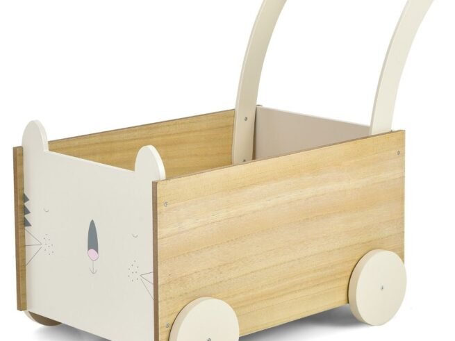 2 in 1 Baby Push Walker Wooden Trolley Walking Cart with Toy Storage