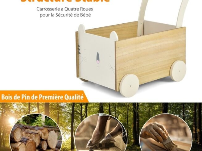 2 in 1 Baby Push Walker Wooden Trolley Walking Cart with Toy Storage