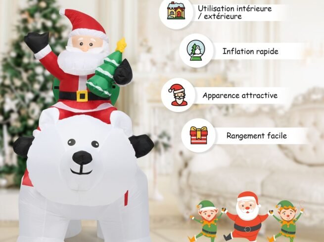 2M Inflatable Santa Claus on White Polar Bear Swinging Head LED Light