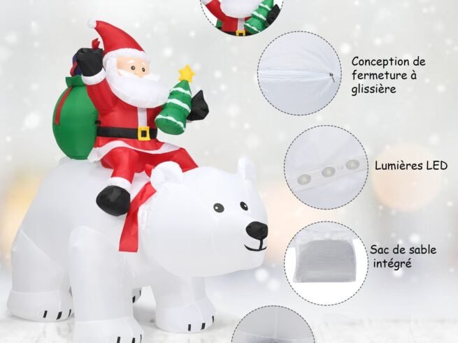 2M Inflatable Santa Claus on White Polar Bear Swinging Head LED Light