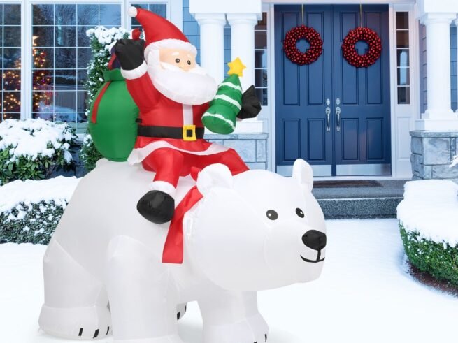 2M Inflatable Santa Claus on White Polar Bear Swinging Head LED Light