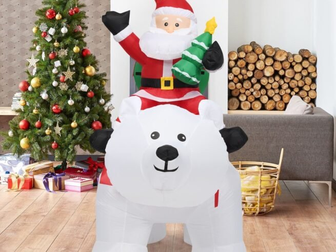 2M Inflatable Santa Claus on White Polar Bear Swinging Head LED Light