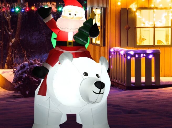 2M Inflatable Santa Claus on White Polar Bear Swinging Head LED Light
