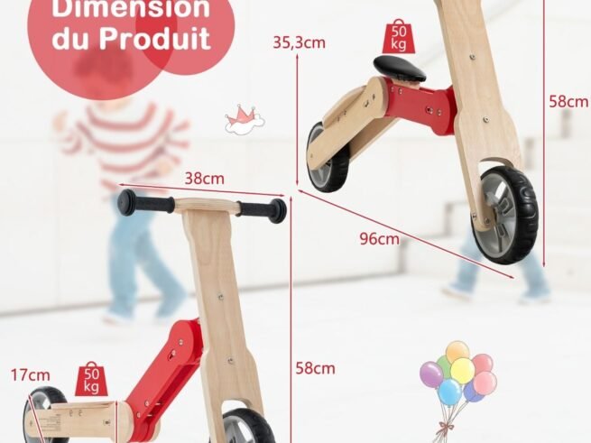Scooter for Children 2 in 1 Adjusted to Balance Bike Removable Seat Wooden Frame