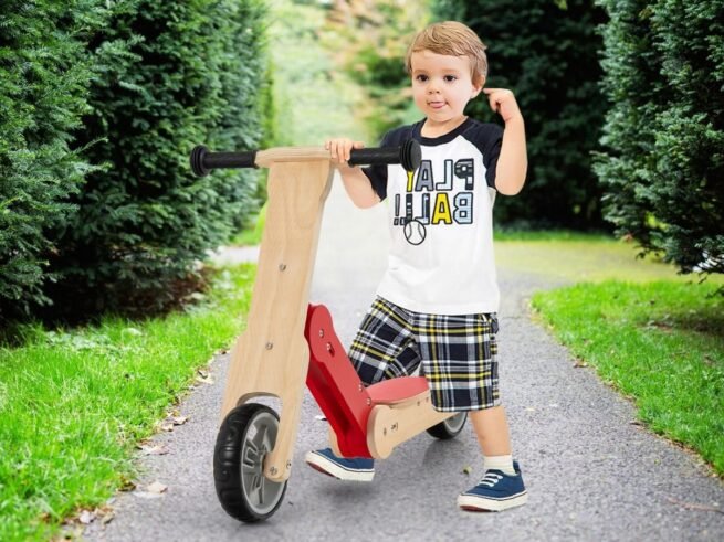 Scooter for Children 2 in 1 Adjusted to Balance Bike Removable Seat Wooden Frame