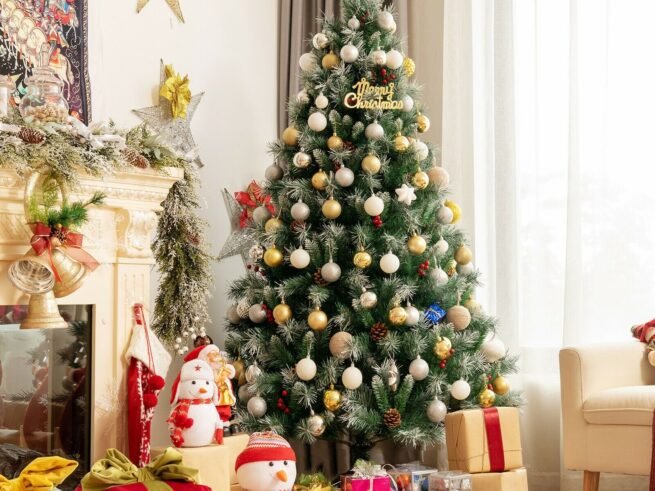 Hinged Snowy Christmas Tree 180cm 644 Red Berry Pine Cone Branches